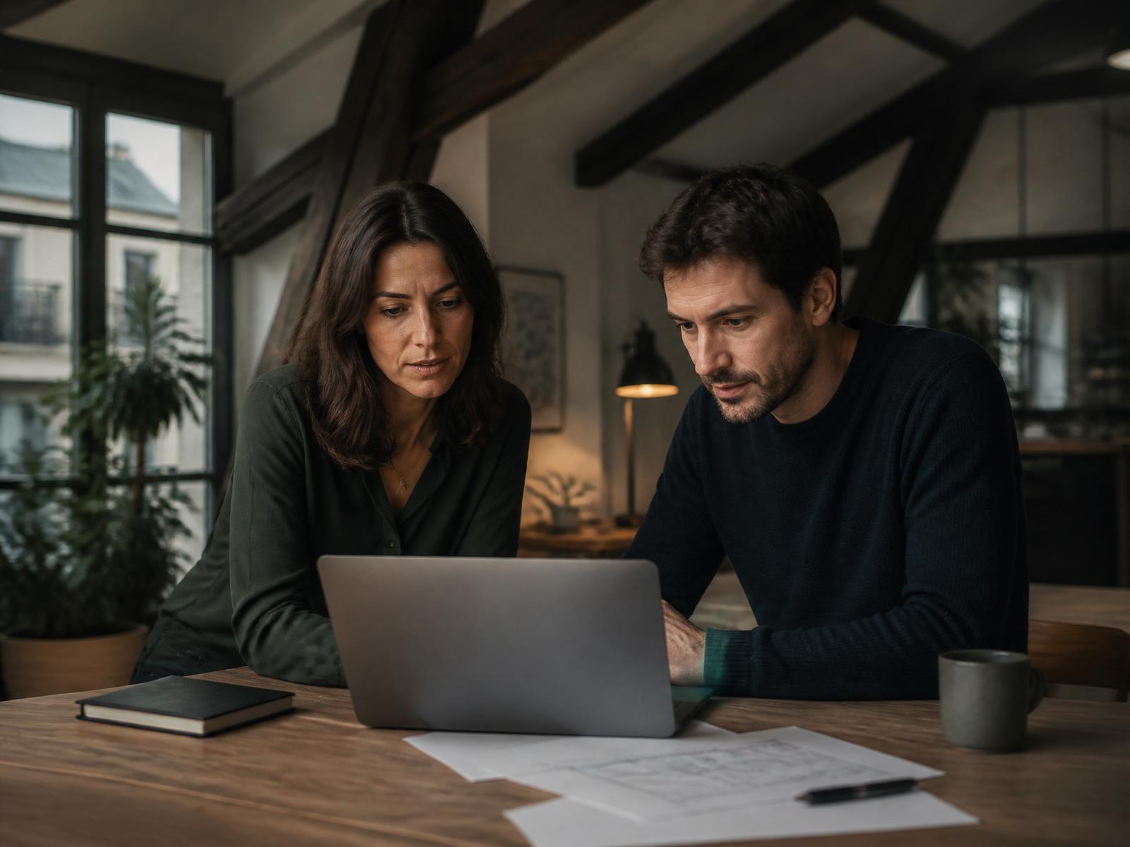 Deux développeurs examinant une architecture sur MacBook dans un loft parisien